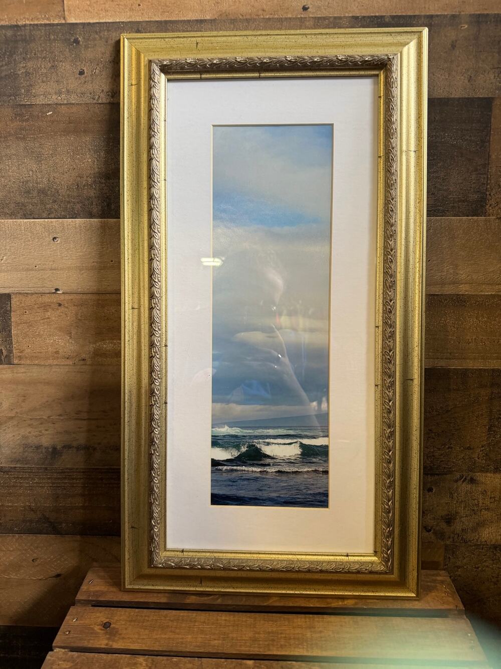 Framed Ocean Waves Photo Print-Vertical Beach Surf Landscape-Gold Frame -23x12.5